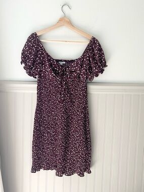 Blashe Floral Plum Smocked Puff Sleeve Mini Dress Large Romantic